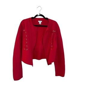 Cache Wool Jacket LG Red Blazer Lace Up Detail Hook Loop Closure Cardigan